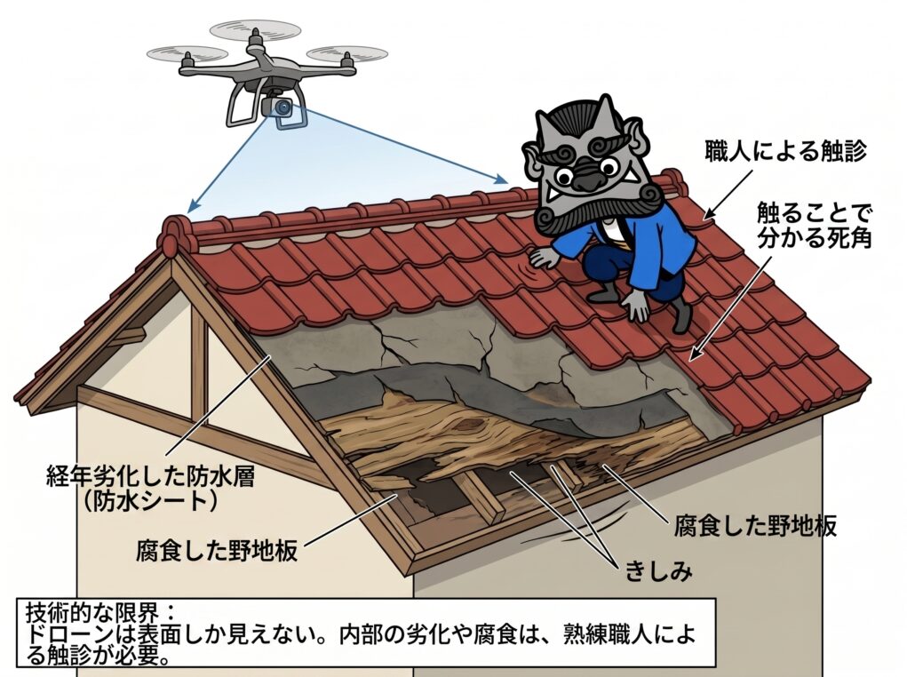 ドローン空撮の死角となる瓦の下地(野地板や防水シート)の腐食リスクの図解